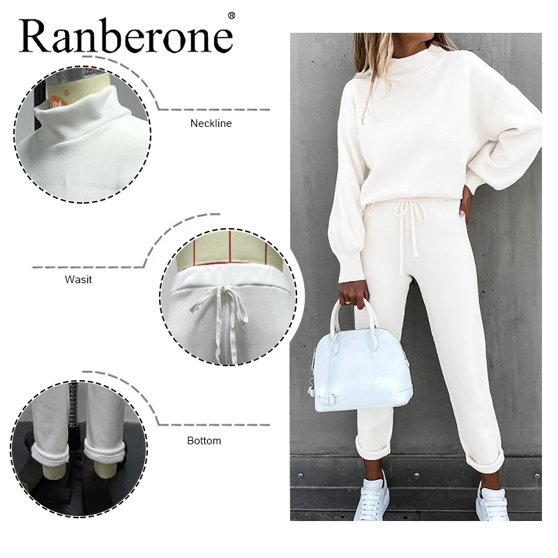 Ranberone 2 Pieces Set Sport Suit Female Solid Lantern Sleeve Top + Drawstring Pockets Design Pants Fitness Women's Tracksuit