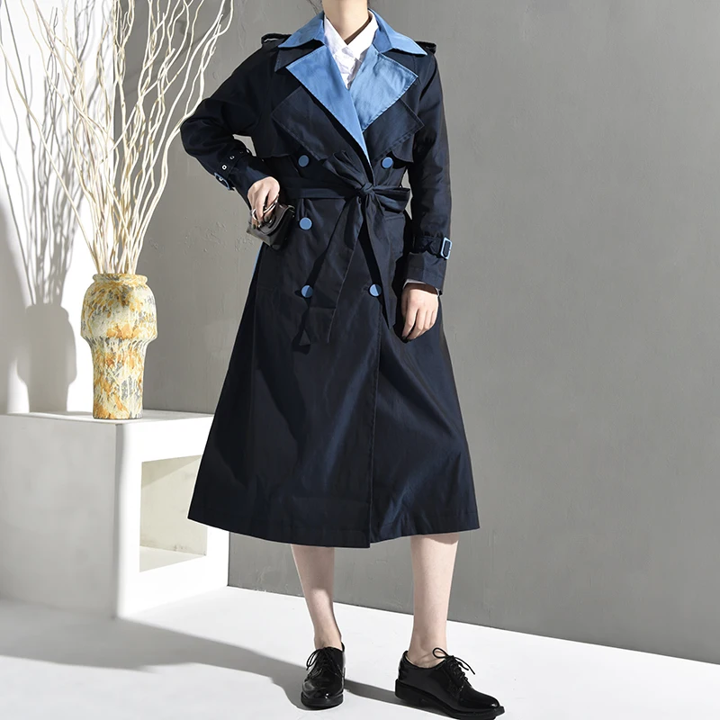 

[EAM] Women Contrast Color Split Joint Big Size Trench New Lapel Long Sleeve Loose Fit Windbreaker Fashion Spring 2021 JO553