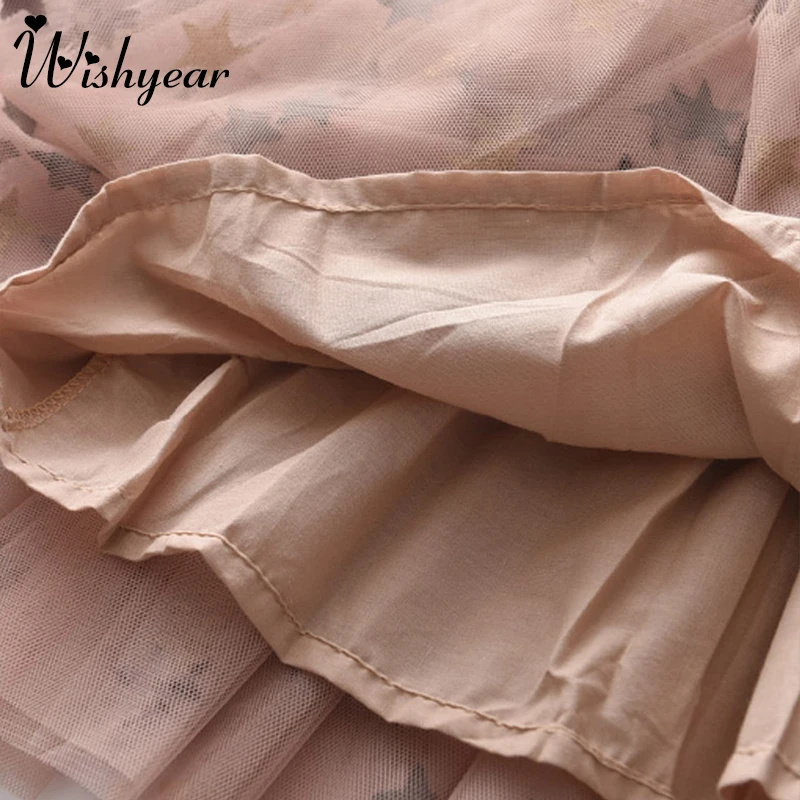 

Wishyear Girls Princess Dresses Kids Mesh Cartoon Star Pattern Vestidos Children Dress For Girls O-neck Long Puff Sleeve Dresses