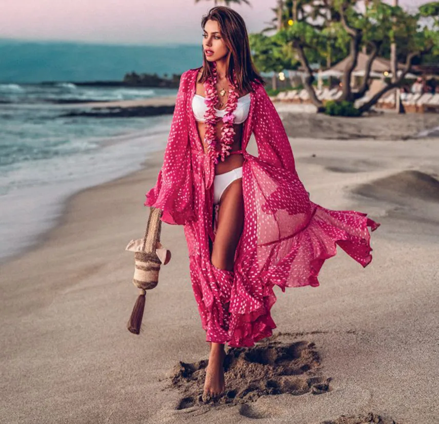 Оверсайз из шифона со сборками Bikini Cover Up пляжное платье-накидка с Для женщин парео