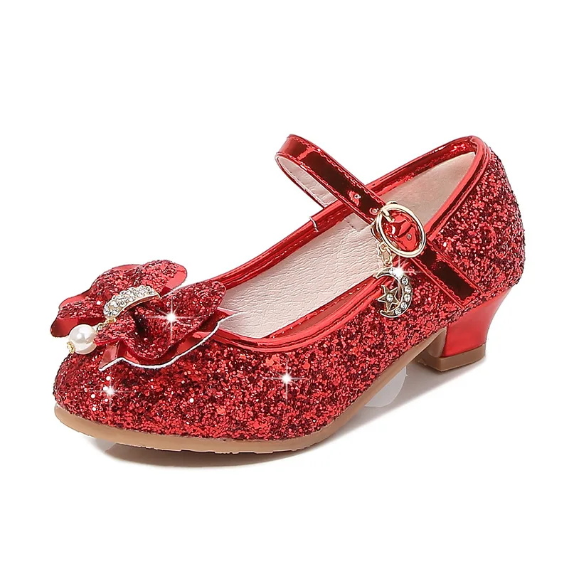 

New Toddler Girls Leather Shoes High Heels Rhinestone Bow Little Princess Crystal Shoes Sequined Children's Party Wedding Shoes