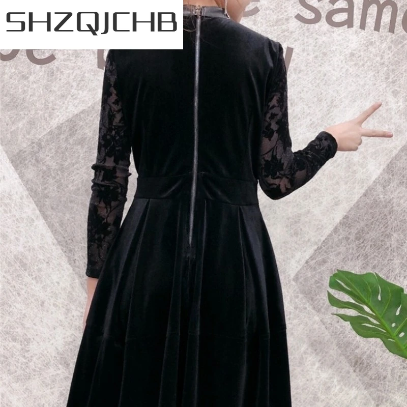 

JCHB 2021 Luxury 100% Genuine Leather Dress Women Patchwork Lace Sheepskin Long Sleeve Dress Autumn Winter Sweet High Waits A-Li