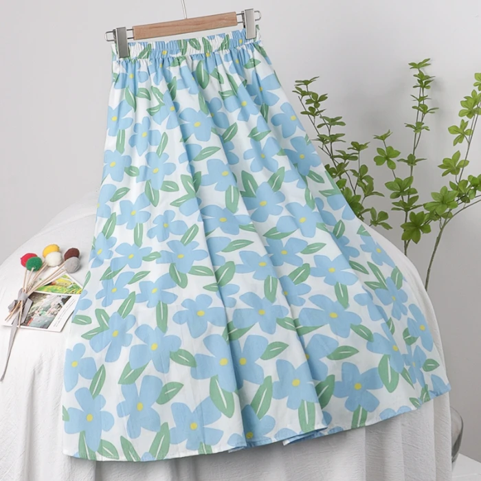 

2021 Summer New Contrast Flower Skirt Female Elastic Waist Thinner Mid-length A-line Skirt Korean Style Swing Umbrella Skirt