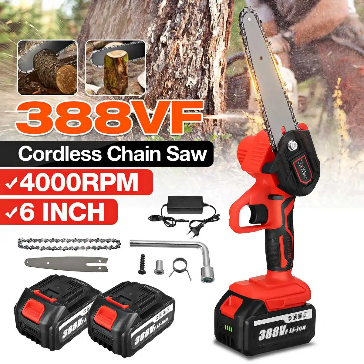 3000W 6 Inch 388VF Mini Electric Chain Saw Woodworking Pruning One-handed Garden Tool Rechargeable Wood Saw With 2PC Battery