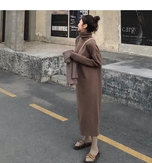 Коричневый Turtleneck Cashmere Knitted Sweater Dress Women Autumn Spring Noodles Elastic Long Sleeve thick Pullover Winter Dress - Цвет: Коричневый