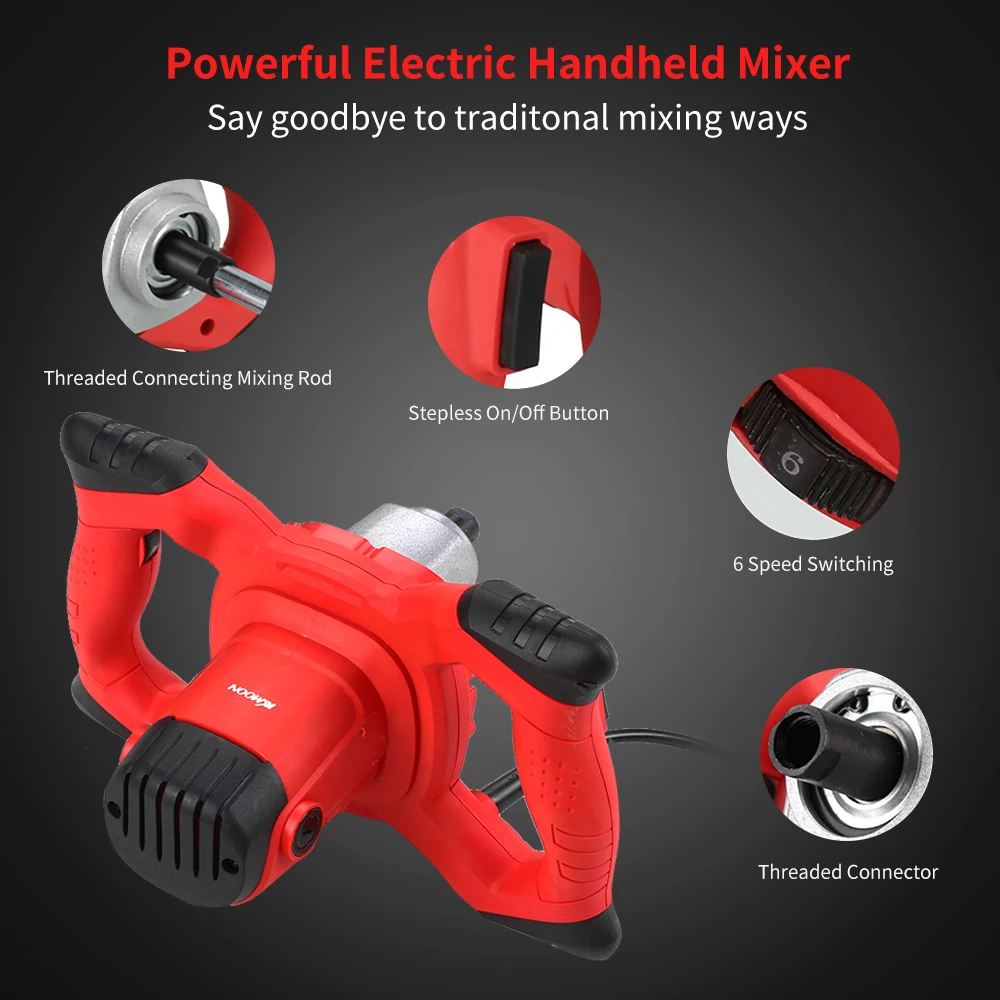 KKmoon 220V 2100W Handheld Electric Cement Mixer Stirrer 50/60Hz 6-Speed Hand Held Concrete Mixer for Mortars Paint Mud Grout 80