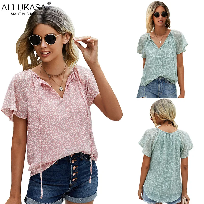 Allukasa Summer T Shirt Women Casual V-Neck T-shirts Female Loose  Printing Short Sleeve Tops Femme Tee Shirt Clothing Camiseta