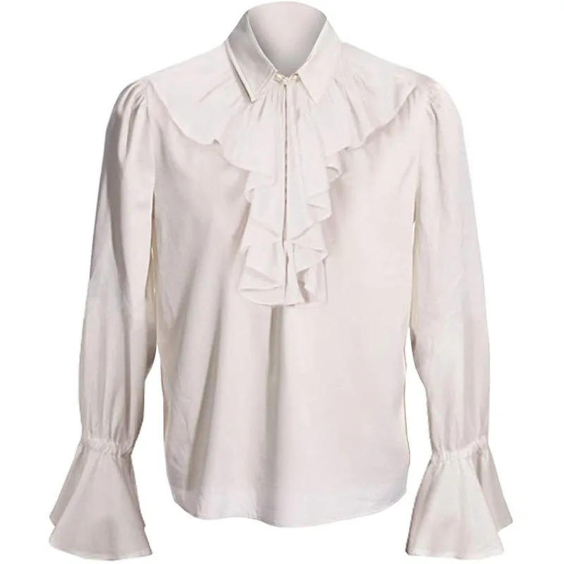 

Solid Shirts Men Vintage Steampunk Victorian Long Sleeve Shirt Mens Ruffle Collar Camisas Performance Wedding Retro Male Camisa