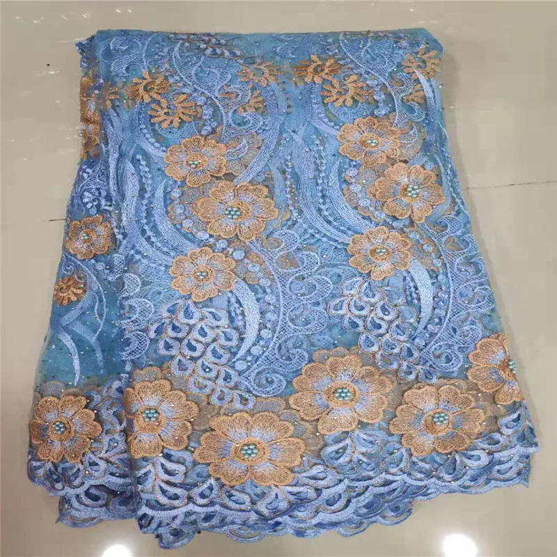 

African Guipure Lace Fabric 2019 High Quality Embroidered French Tulle Mesh Lace sequins Fabric Nigerian Bead For Wedding Dress