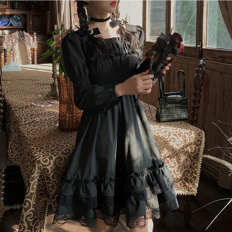 

Gothic Dress Japanese Lolita Style Princess Lovely Mini Dress Slash NeckHigh Waist Party Dresses Puff Sleeve Lace Ruffles lolita