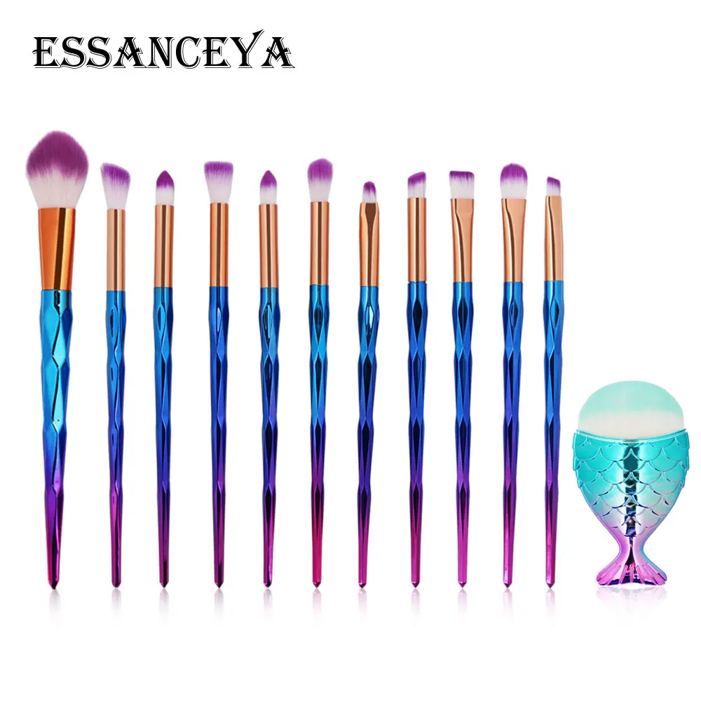ESSANCEYA Горячая 11/21 шт. Русалка алмазные кисти для макияжа комплект рыбий хвост основа для макияжа лица Румяна Тени для век макияж кисть для смешивания кисти для макияжа - Handle Color: 12PCS