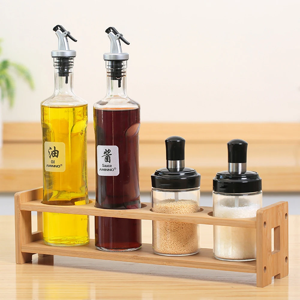 

Oil Vinegar Condiment Bottle Holder Wooden Liquor Dispenser Storage Rack with Wrench Non-slip Pads Screw Kitchen Accessory