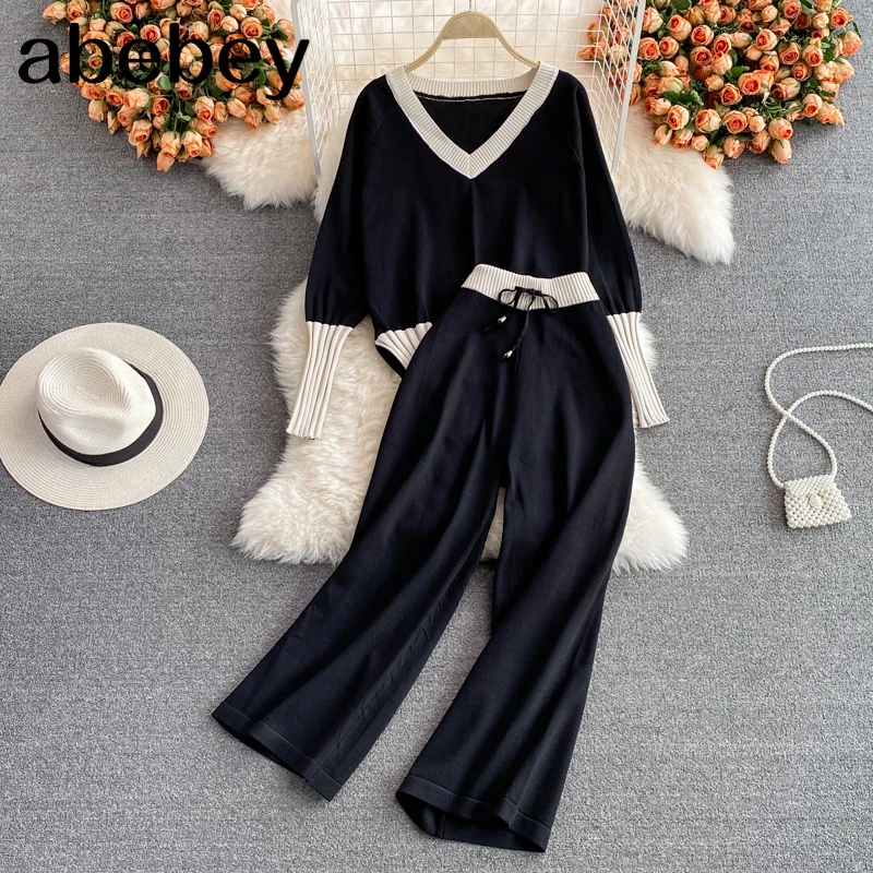 

Женский трикотажный комплект из двух предметов, асимметричный пуловер с длинным рукавом и широкие брюки с высокой талией в Корейском стиле ...