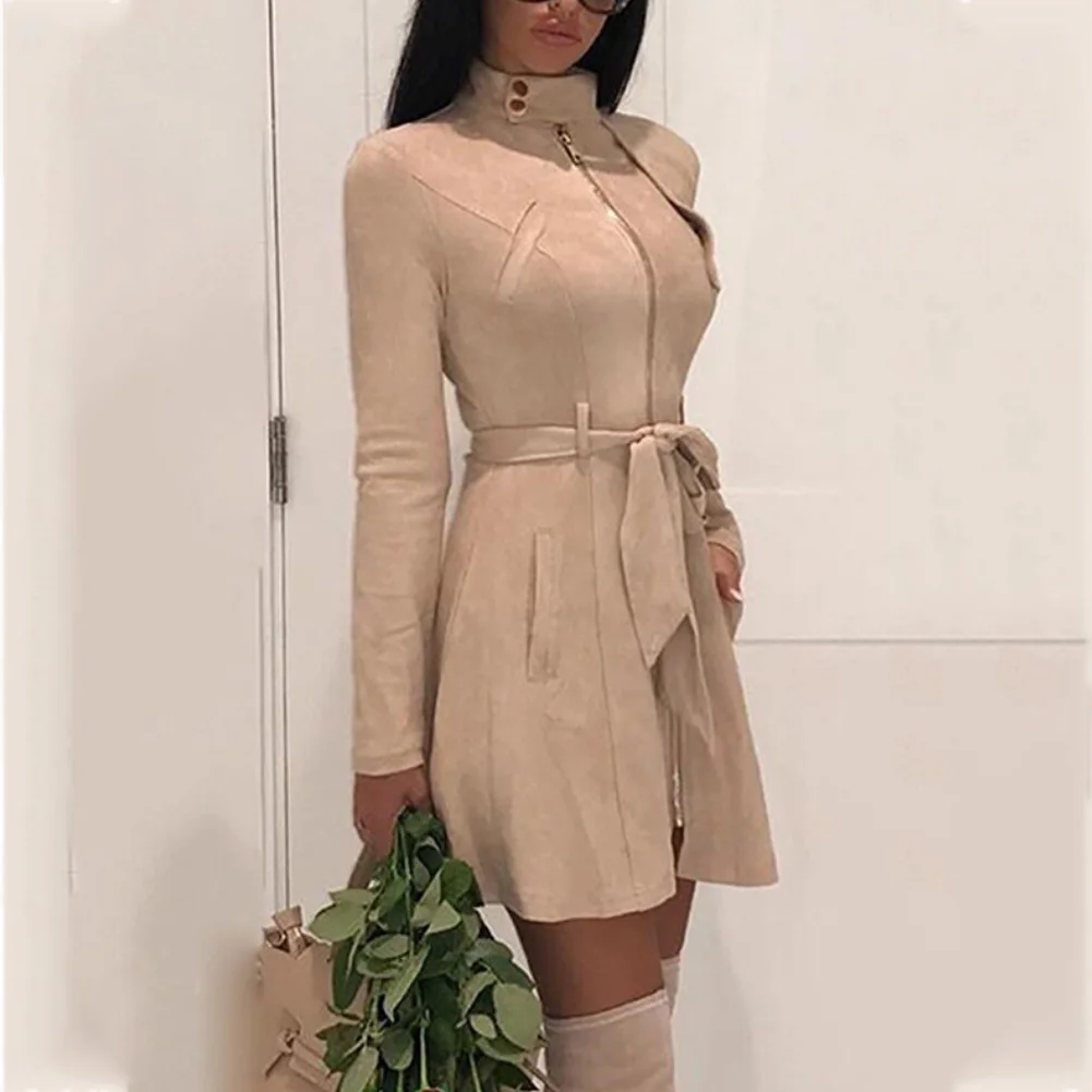 Шикарное женское осеннее платье с длинным рукавом и воротником стойкой на молнии