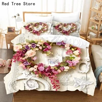 heart love flowers duvet cover set floral rose valentines day 3d pink printing comforter bedding set luxury for adults couples