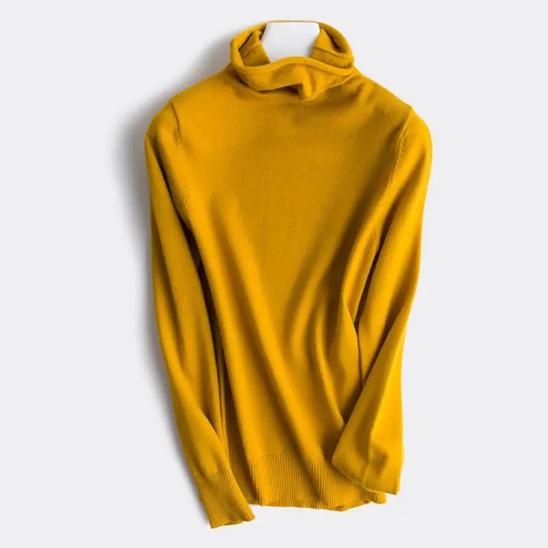 Sweater women's autumn and winter new high collar pullover women's long sleeve solid color large size knit bottoming shirt - Color: yellow