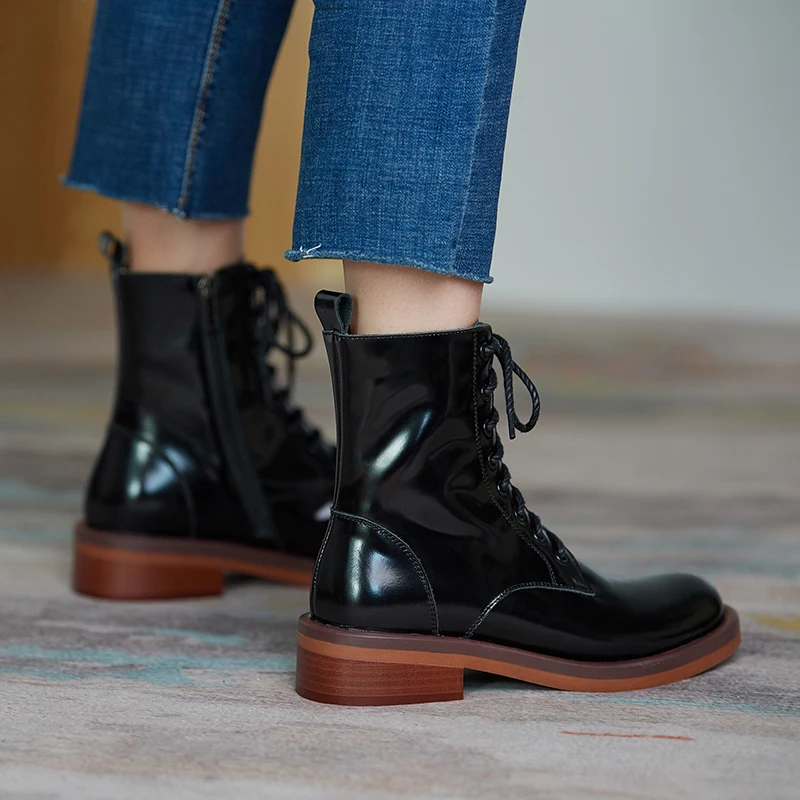 

Women Genuine leather Ankle Boots Motorcycle laces Up Boots Winter Leather Flat heel short laces shoes Boots 2020