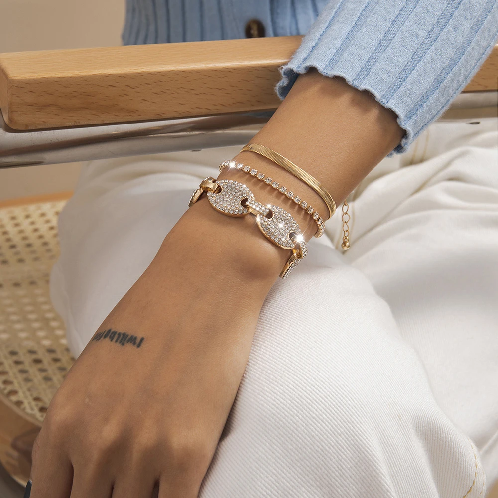 3 шт./компл. Украшенные звеньями цепочки стразы браслеты для женщин золотистого