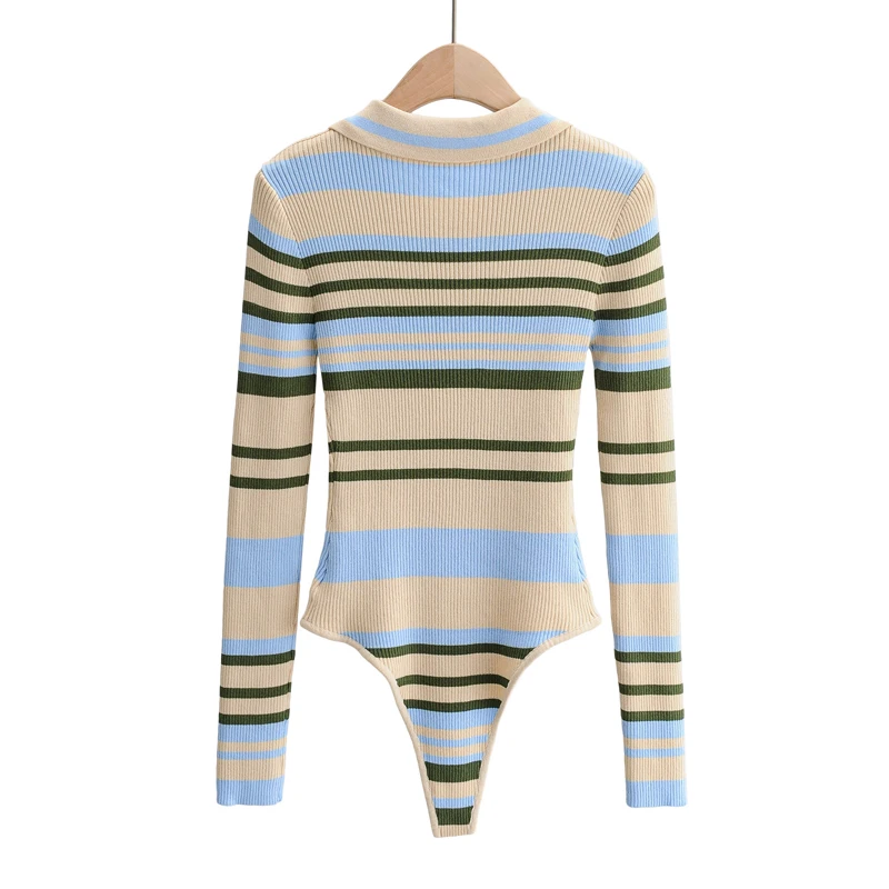 

Spring Women Fashion V Neck Short Sleeve Pinstripe Slim Bodysuits Knitted Women Playsuit Lapel Collar Sexy Bodysuit