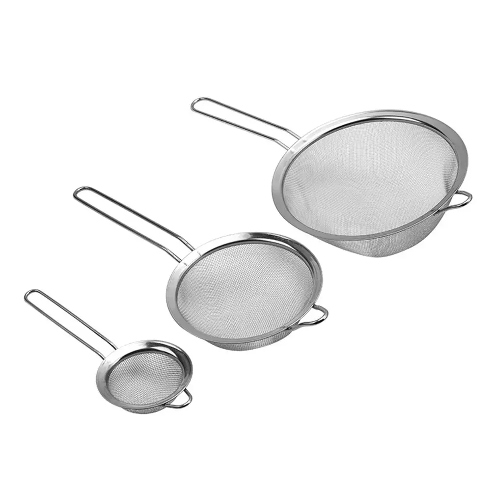 

3pcs Kitchen Strainer Hanging Strainer Stainless Steel Long Handle Pasta Strainer Three Different Sizes Of Fine Strainer