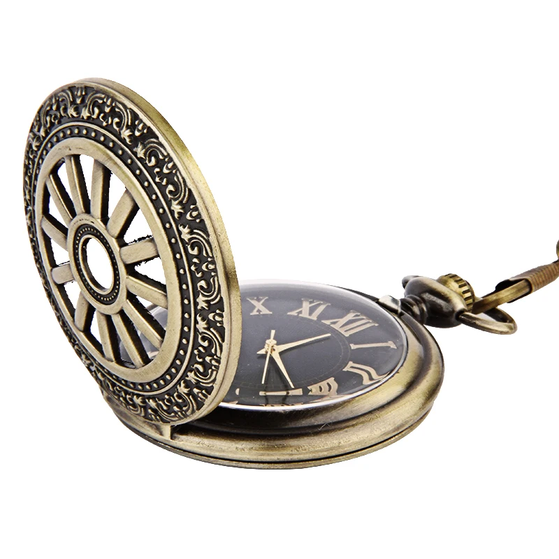 Trendy vintage bronze wheel with black gold surface open cover pocket watch chain | Pocket & Fob Watches