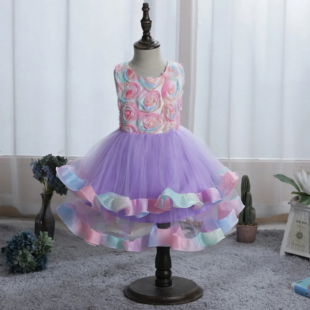 

New Arrival 2021 Girl Flower Girl Dress Rainbow Color Net Gauze Tutu Skirt Girls Princess Dresses Knee-Length Perform Costume
