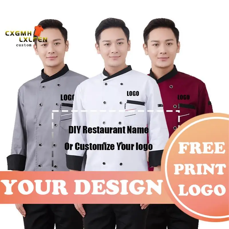 Куртка шеф-повара с логотипом на заказ, осенняя туника, рабочая одежда, шляпа, пальто Uniforrms для ресторана, женская одежда для кухни