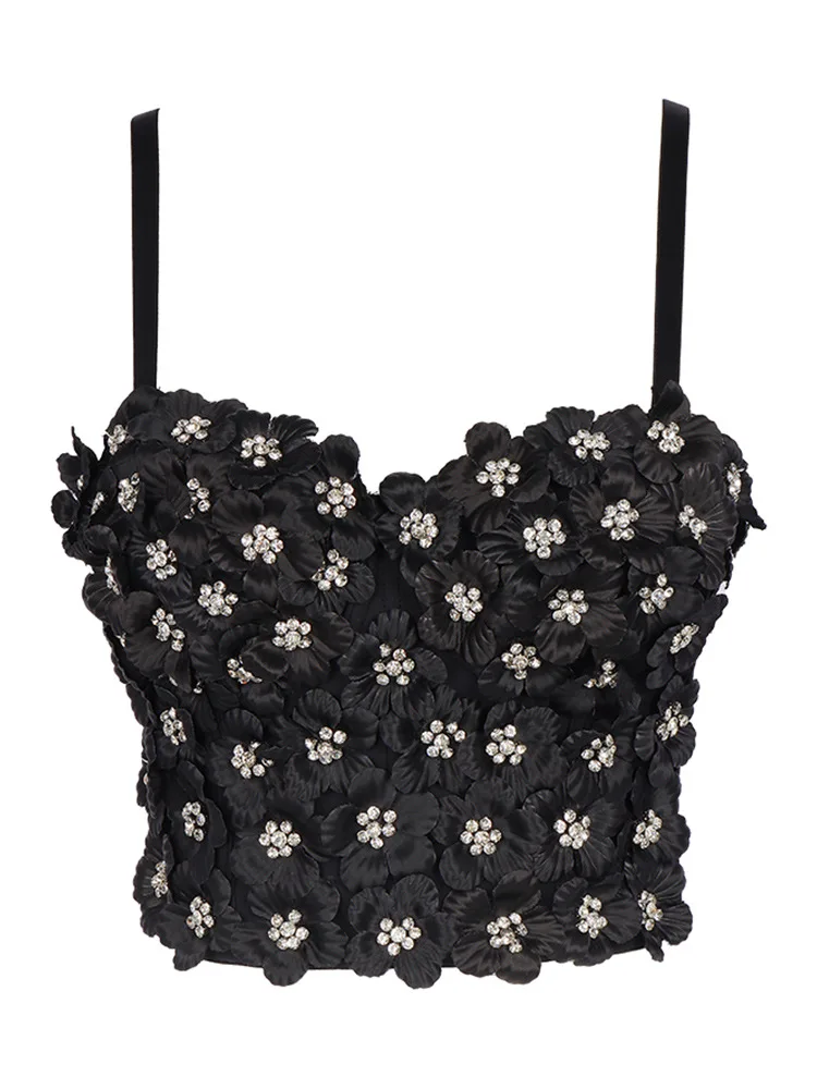 Irene Tinnie Sexy Tops Diamond Beading Flowers Tops Push Up Women's Holiday Corset Bustier Bra Night Club Party Cropped Top Vest