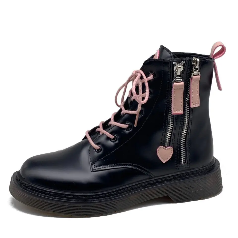 

2.5 Cm Low Heel Punk Style Leather Women Short Boots Classic Sweet Mixed Color Lace-up Heart-sharped Decoration Casual Booties