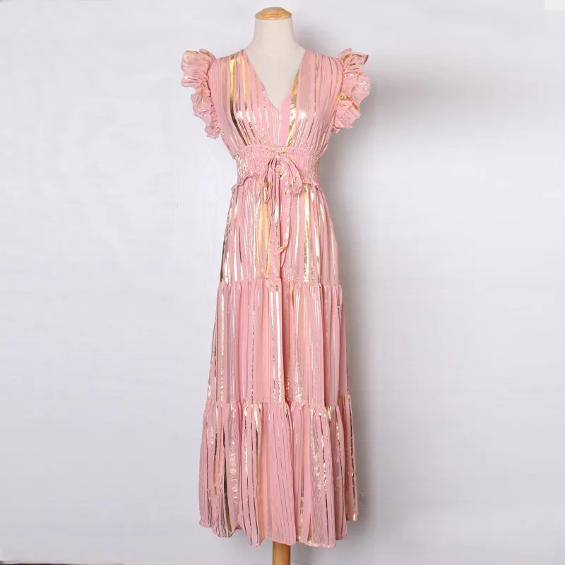 Женское Полосатое платье с оборками летнее металлическое средней длины высокой