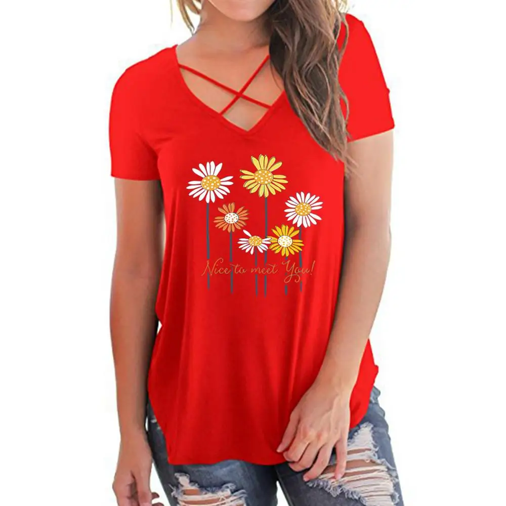 

Basic Daisy Prined Womens Short Sleeve V Neck Floral Basic Cross T Shirt Tee Summer Loose Casual Print Tops Plus Size