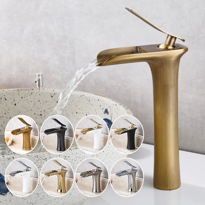 

Bathroom Basin Sink Waterfall Faucets Hot and Cold water Tap Deck Mounted Water Mixer Crane Antique Bronze Chrome Finished
