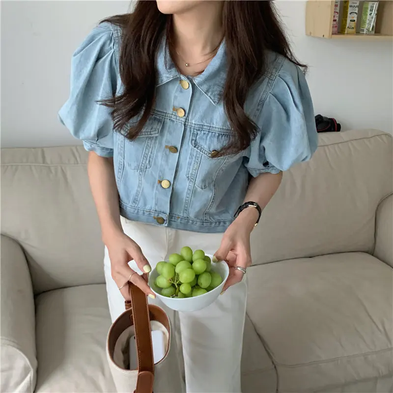 Alien Kitty Korean Vintage Puff Sleeves Loose Jeans Cowboy 2020 Gentle Tops Coat Cardigans Light Washed Blue Denim Jackets | Женская