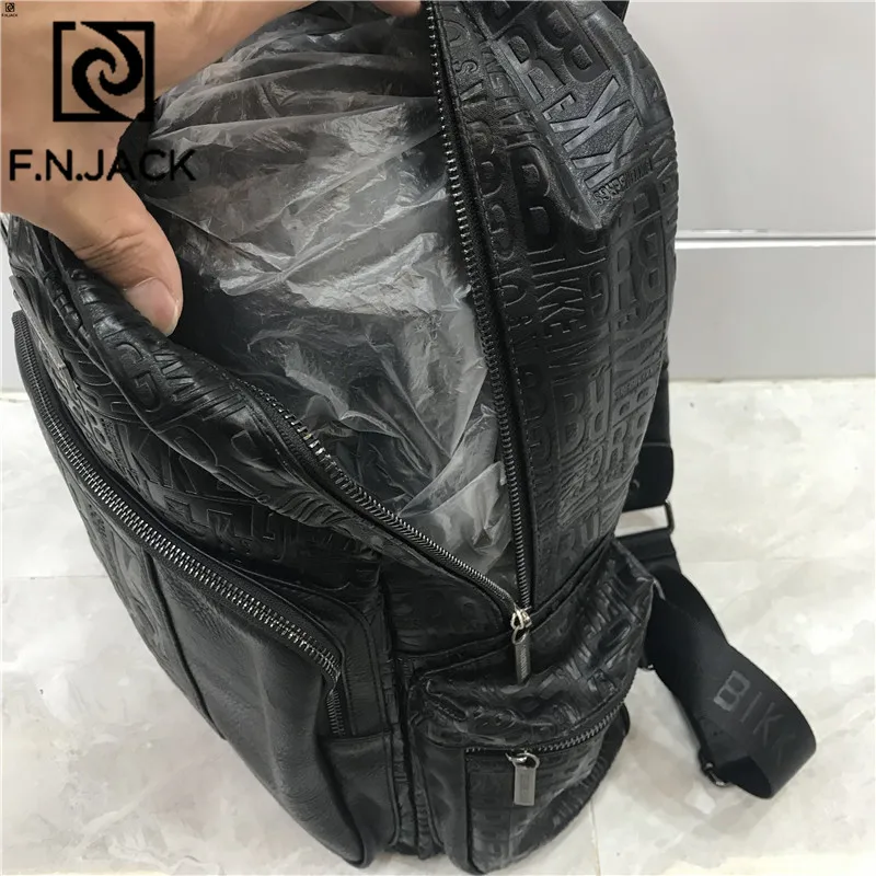 F.N.JACK New Leather Letter Bags Large Capacity Backpacks Split Leather Zipper Men Fashion Bag Students Travel Bagpack