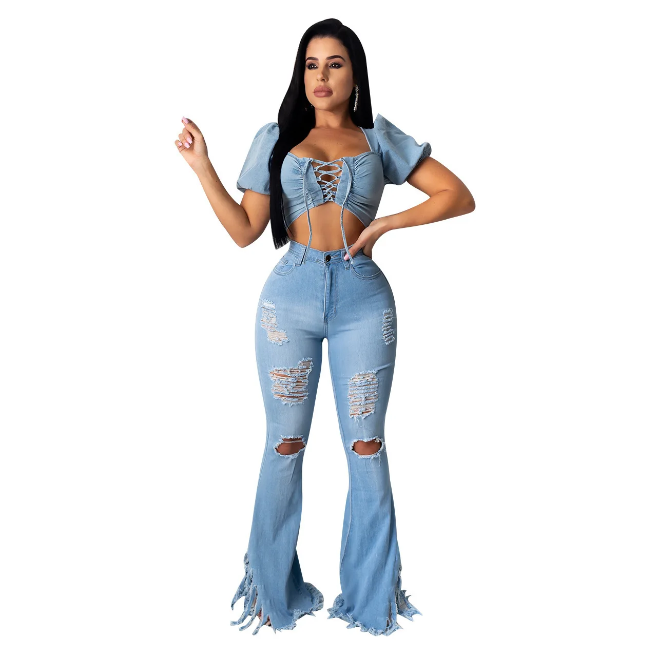 

Fashion Women Washed Flare Jeans 2021 Spring High Waist With Tassel Sexy Hollow Out Bell Bottom All Matching Jeans High Quality