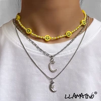 bohemia multilayer smiley face beaded necklace for women crystal letter moon handmade yellow seed beads choker necklaces jewelry