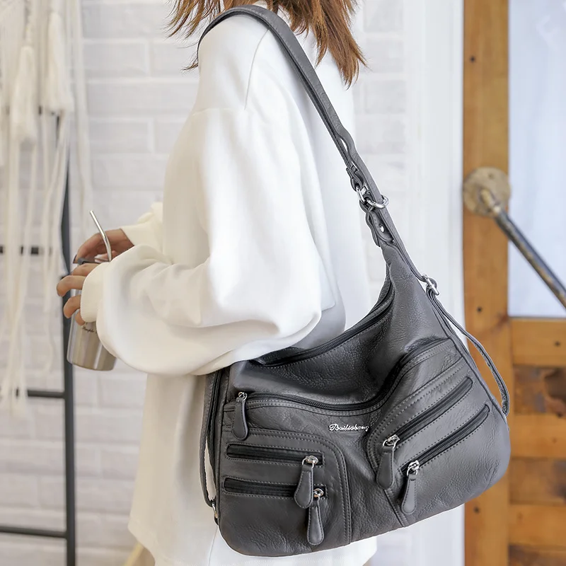 

New Trendy Women Hobo Bag 2020 Quality Soft Leather Zipper Vintage Lady Crossbody Shoulder Bags Medium Female Casual Bucket Bags
