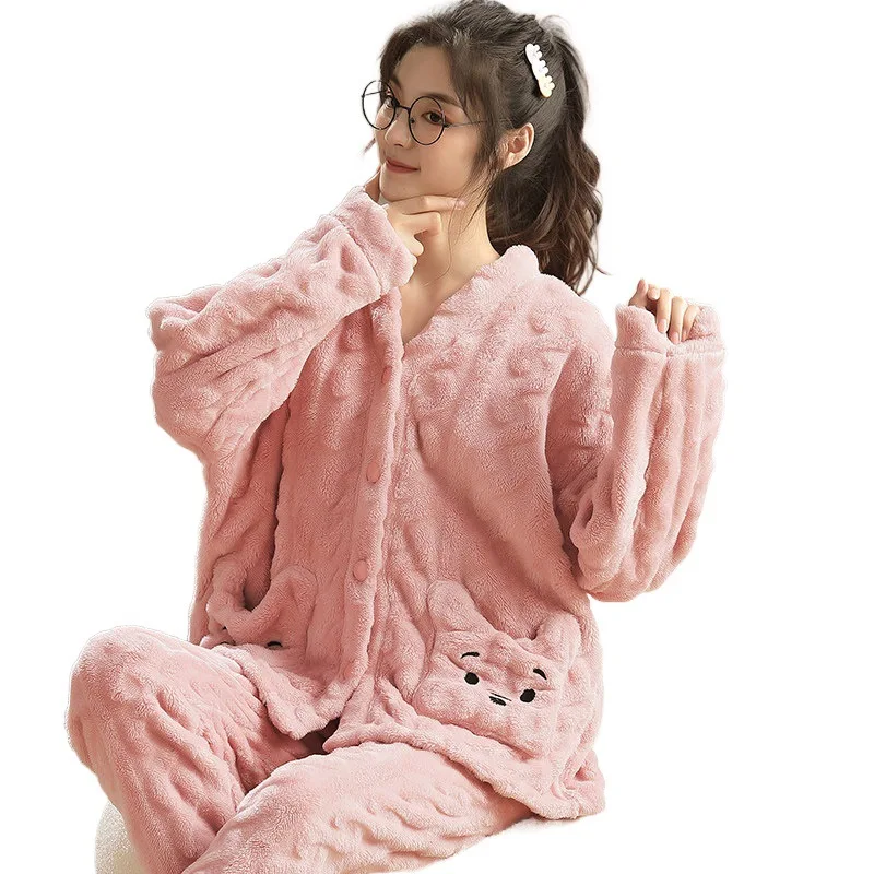 Pajamas for Women Winter New Flannel Plus Velvet Thick Flower Bear Cartoon Women's Pajamas Set Sleepwear Homewear Pijama Mujer