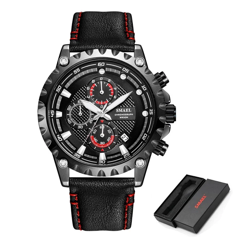 Black Red SMAEL мужские часы новые модные синие повседневные кожаные модные кварцевые часы мужские наручные часы водонепроницаемые часы - Цвет: Black Red