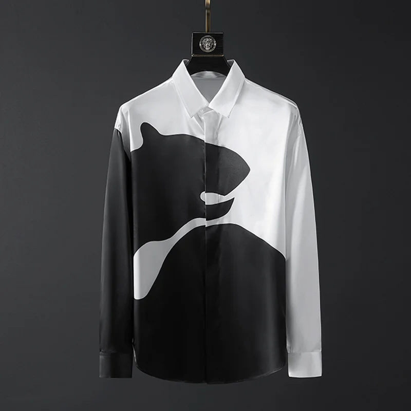 

Рубашка мужская с длинными рукавами, Модная шелковая блуза с абстрактными черными и белыми строчками, гавайская рубашка, весна-лето