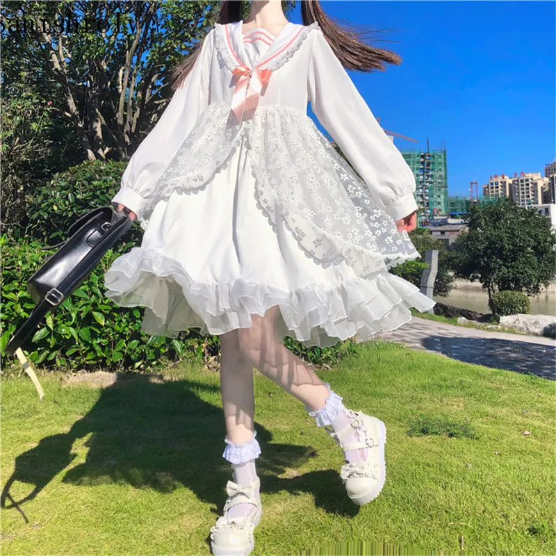 

Japanese Gothic Lolita Style Ruffles Lace Dress 2021 Women Bow Fairy Ball Gown Dress Girl Sweet Cute Sailor Collar Long Dresses