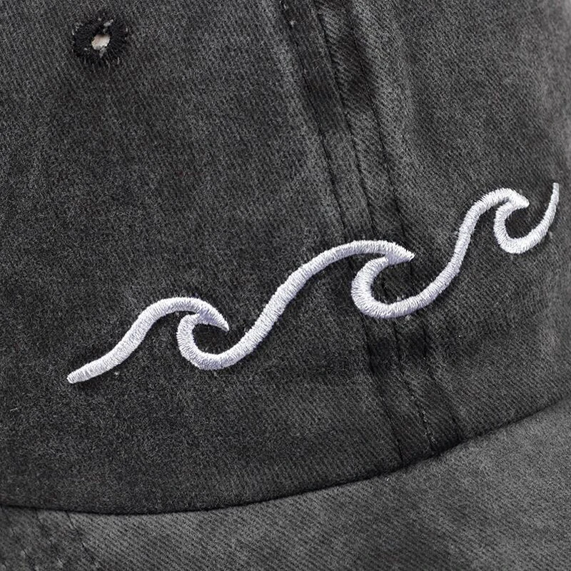 

100%Cotton High Quality Embroidery Ocean Wave Baseball Cap Washed Cotton Adjustable Fashion Dad Hat Women Men Retro Snapback Hat