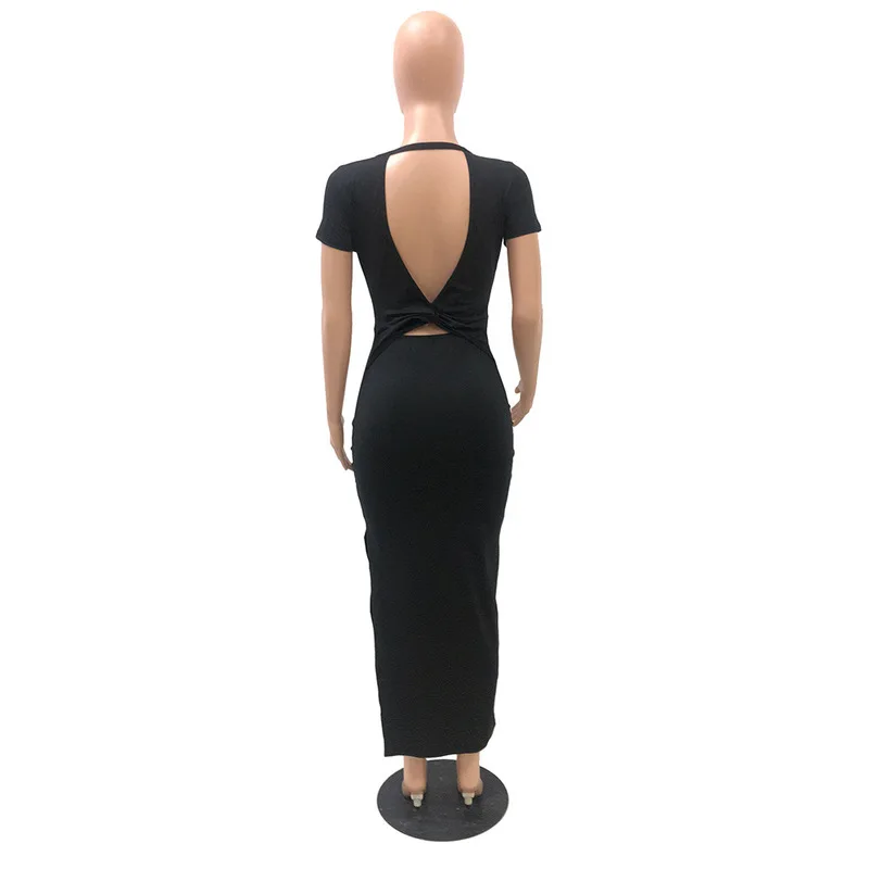 

High Waist Summer Beach Boho Vestidos Women Scoop Neck Side High Split Bodycon Dress Fashion Ladies Short Sleeve Backless Dress