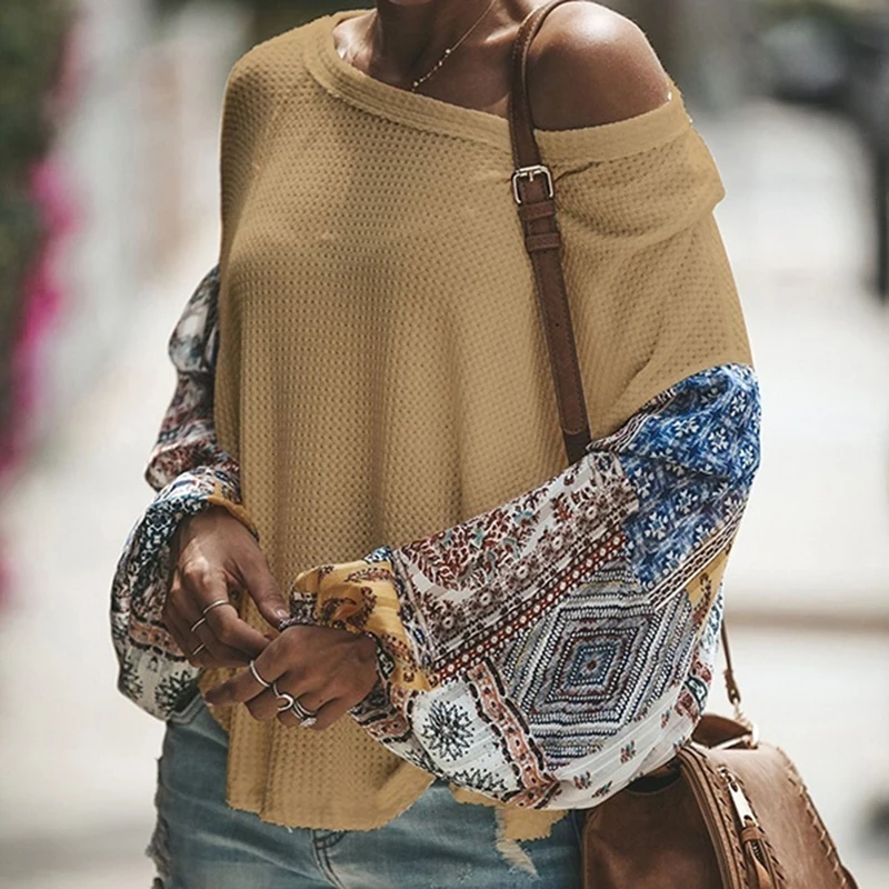 Лоскутные свободные свитера с открытыми плечами женские сексуальные вязаные