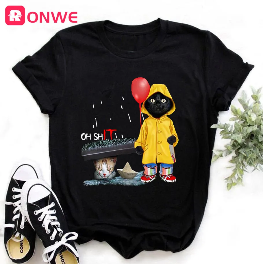Women Funny Black Cat Print Tshirt Girl Harajuku Casual White Top Tees Female 90s Clothes Drop Shipping | Женская одежда
