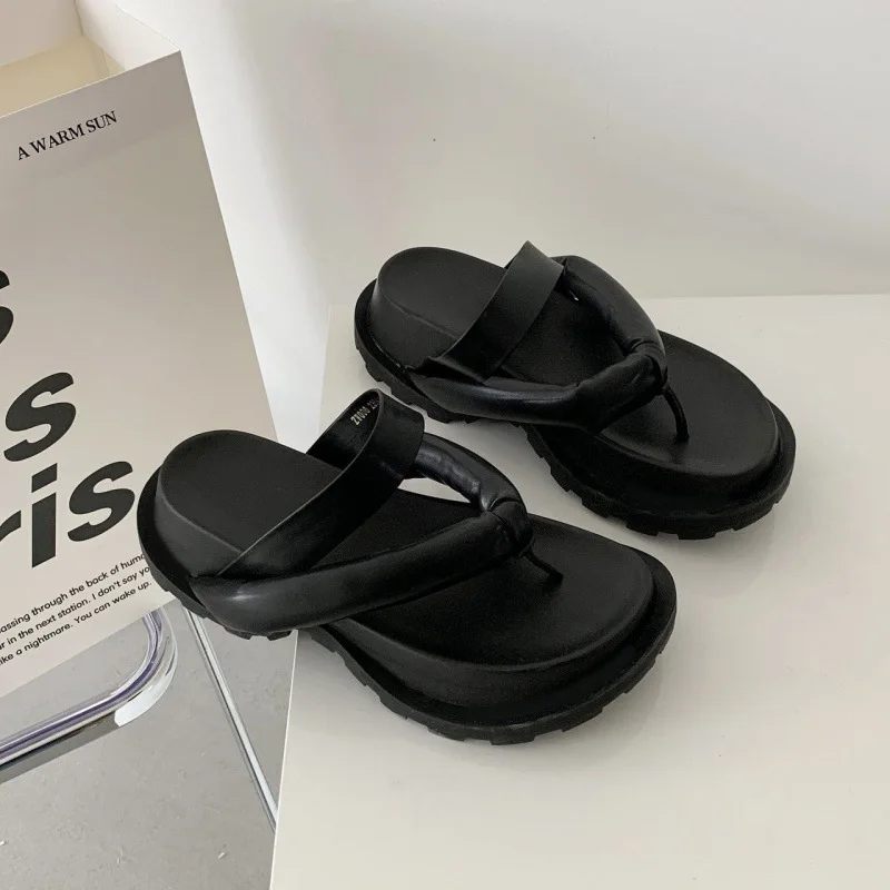 

New Summer Women Slippers Woman Soft Shoes Girls Real Leather Platform Shoes Ladies Outside Slides Female Black Brand Flip Flops