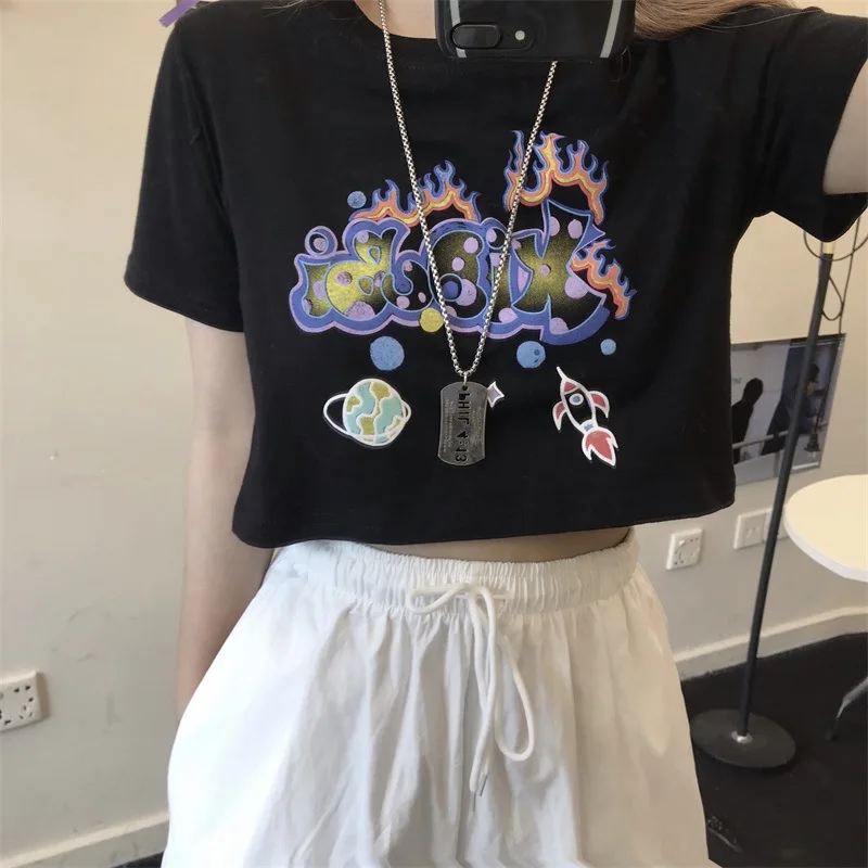 

Short Half-sleeved T-shirt Women 2021 Summer New Retro Harajuku Style Loose Umbilical Couples Short-sleeved Top Oversized T-shir