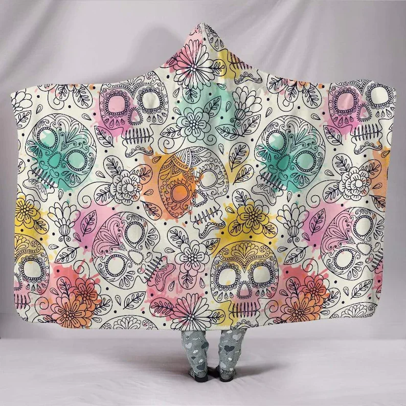 

Paster Sugar Skull, With Hood, Festival, Hooded Blanket, Vegan Blanket, Multi Colored, Yoga Meditation, Floral,