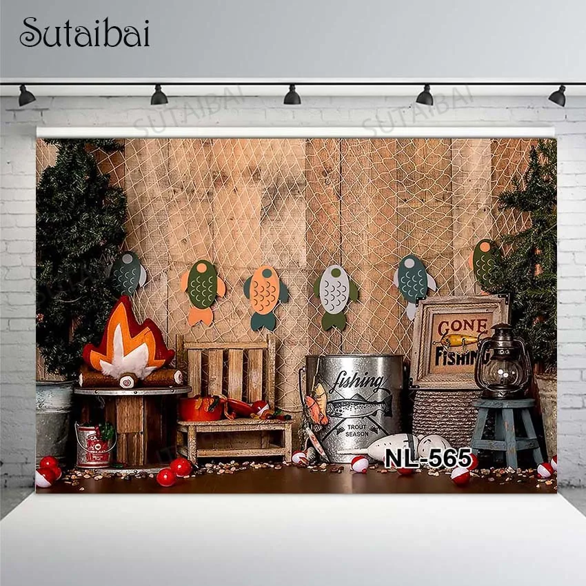 

Fish Theme Backdrop Fishing Net Chair Bucket Float Photography Background Baby Shower Kids Portrait Custom Photo Studio Props