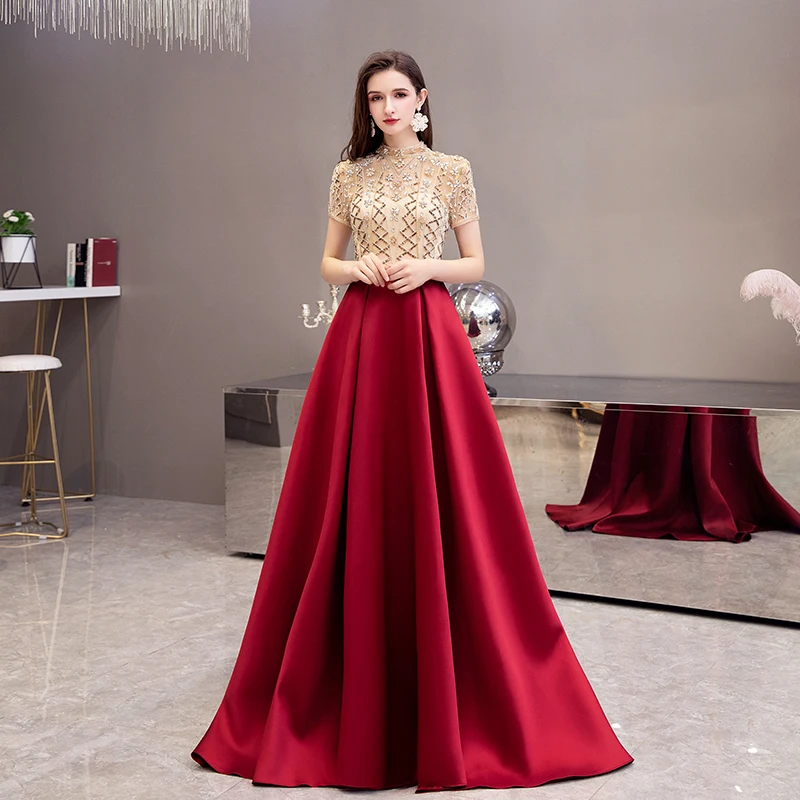 Винно-красные вечерние платья с высоким воротом элегантные атласные длинные для